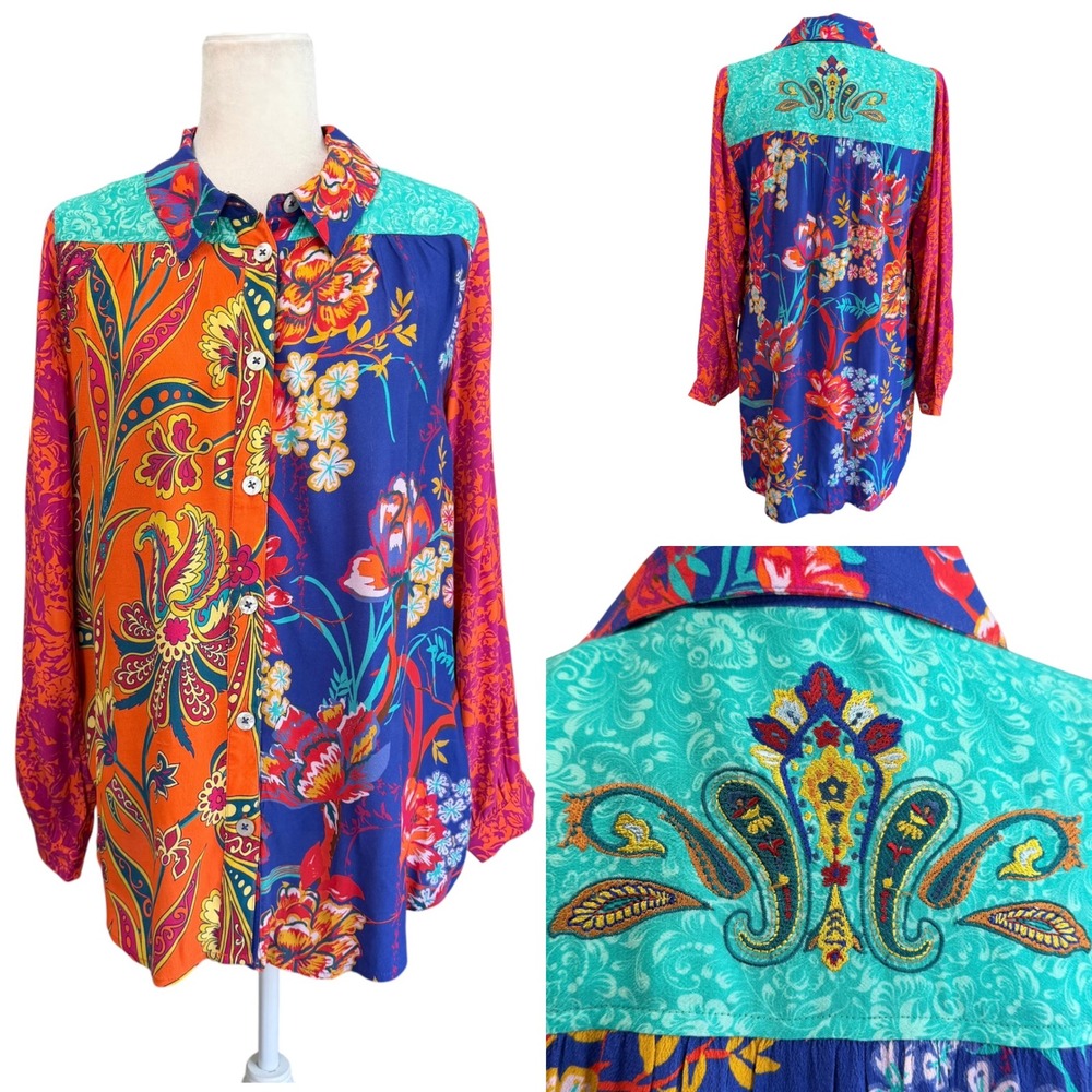 Soft Surroundings Tunic Top Women M Boho Floral Paisley Mixed Print Button Up